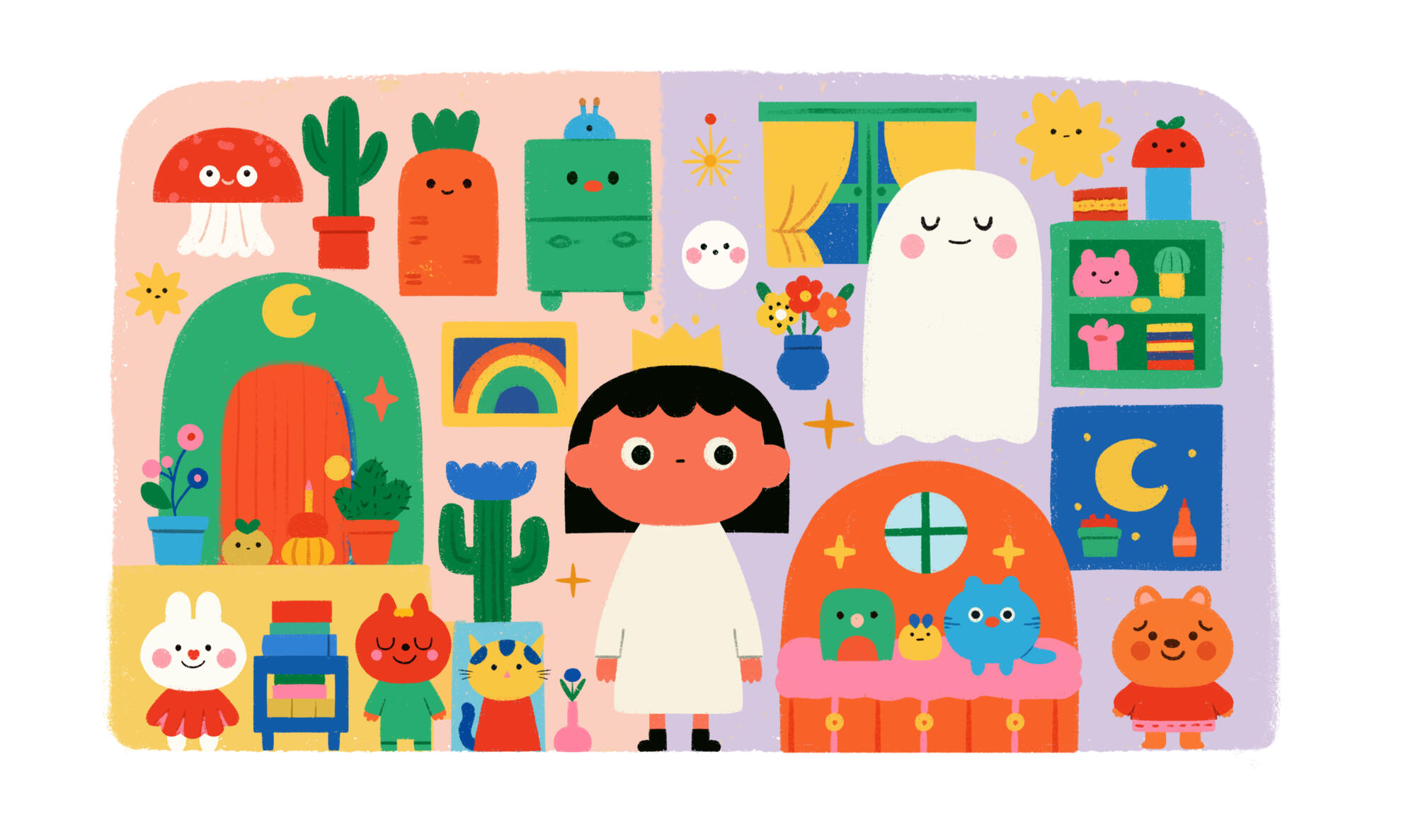 A lavender dream before bedtime A dreamy, colorful nursery scene against pink, lavender, and yellow walls. A dark-haired girl in a white nightgown and gold crown stands at the center, surrounded by cheerful characters,ghosts and toys by Prudence Moth Studio.