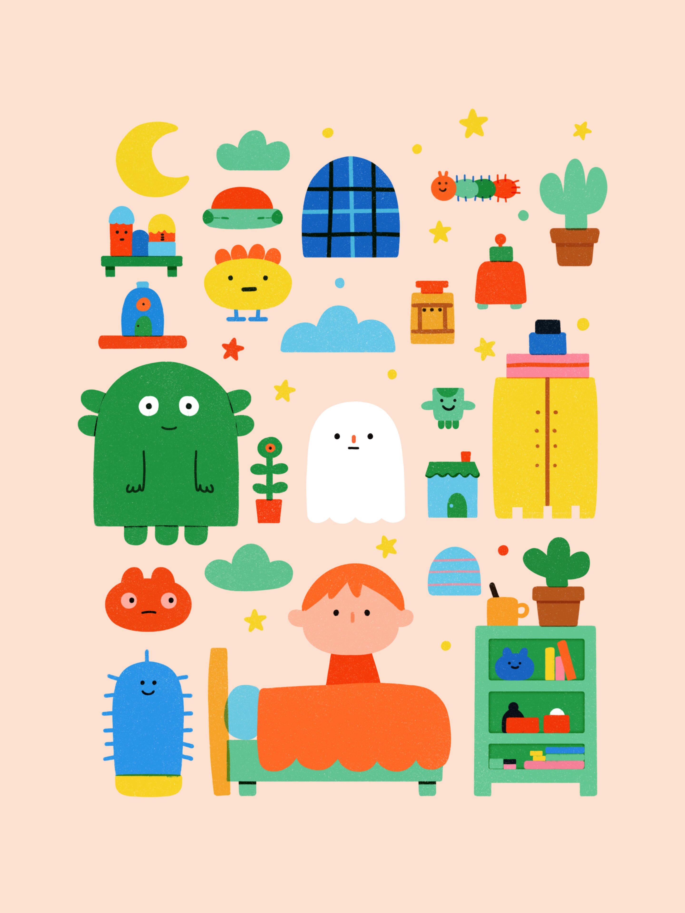 Wake up, the monsters are waiting Whimsical children's book illustration in a flat graphic folk art style of a red-haired boy sitting in bed surrounded by friendly cute monsters, a ghost, plants, and colorful bedroom objects on a soft pink background by Prudence Moth Studio.